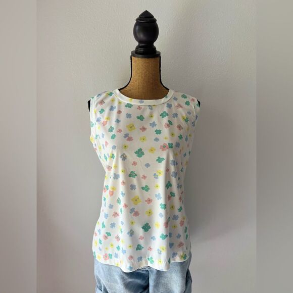Vintage 70s Lucky Tops Multicolor Floral & White Sleeveless Top - Picture 10 of 13